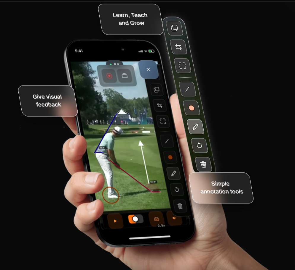 Coach giving visual feedback with GolfAI swing annotation tools on a phone