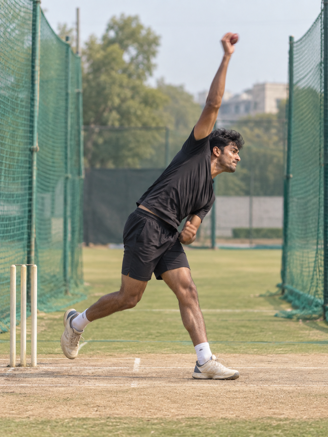 Fast bowler in the delivery stride at an Indian academy net