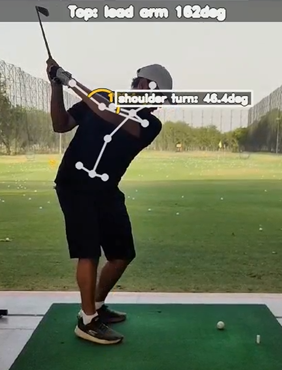 GolfAI pose-estimation overlay on a golf swing captured on a smartphone